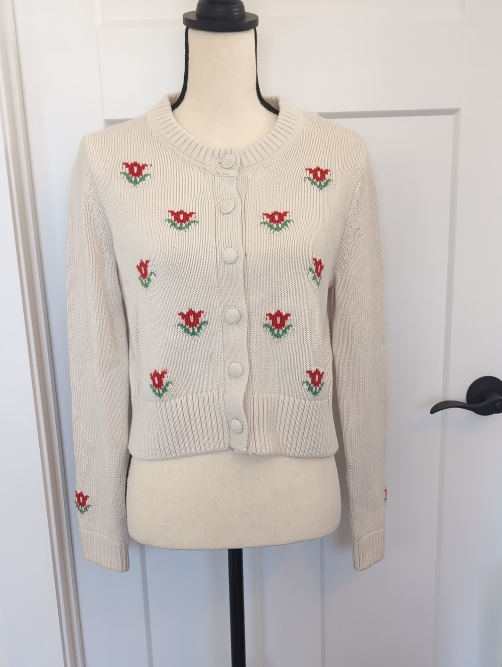 Cream Floral Embroidered Button-Up Sweater